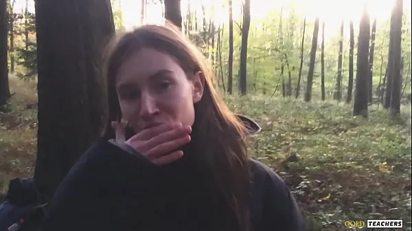 New Young shy Russian girl gives a blowjob in a German forest and swallow sperm in POV (first homemade porn from family archive my Movies