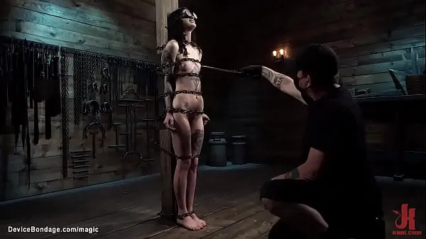 Nowe Bound in metal device laid on the wooden floor tattooed slave Lydia Black gets vibrated and face fucked with dildo then in pile driver pussy fucked by master The Pope moich filmach